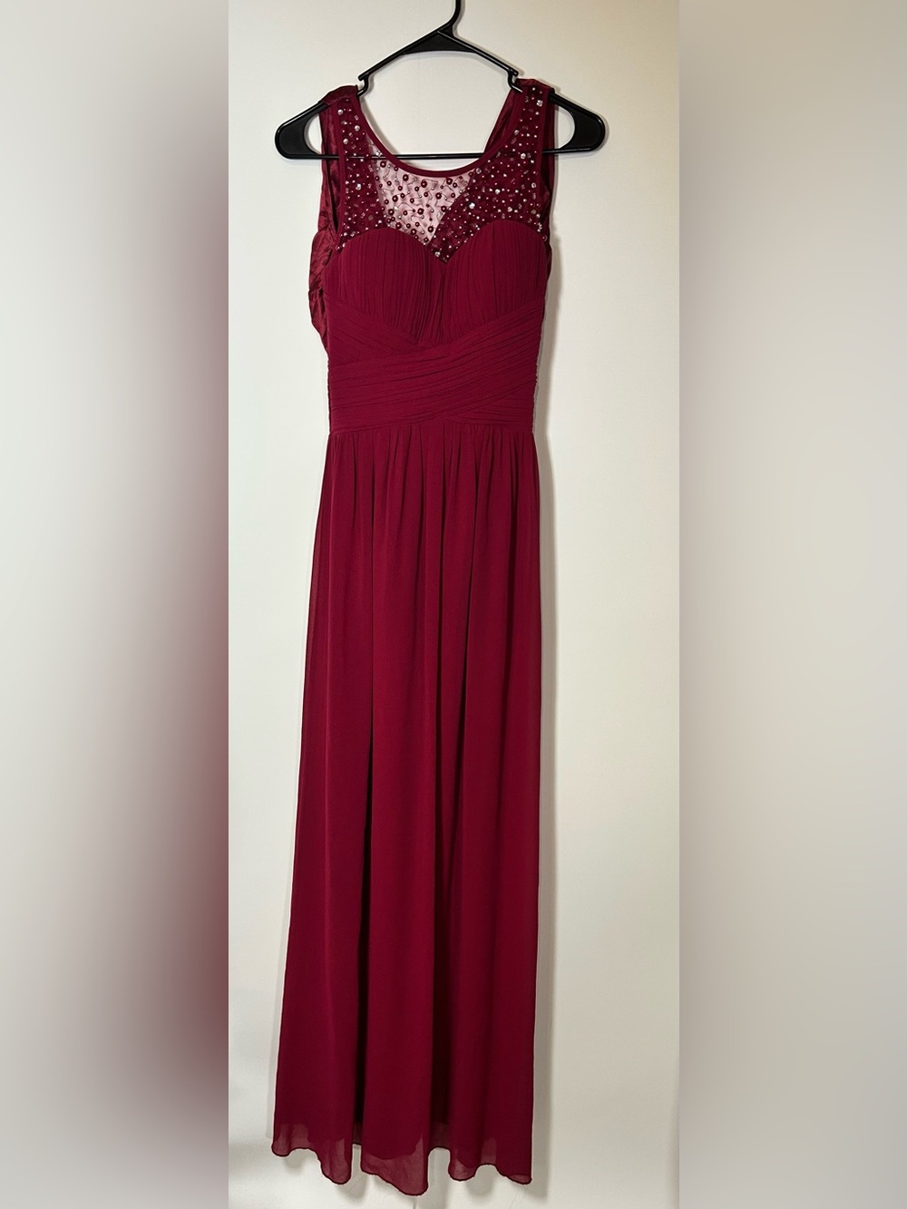 Little Mistress Burgundy Beaded Maxi Dress US 4 Draped Back Formal Gown